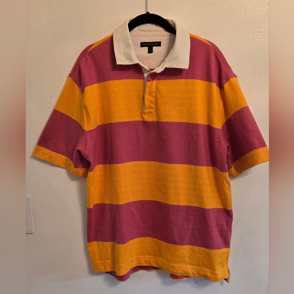 Banana Republic Mens Cotton Short Sleeve Rugby Shirt Sz Med Pink And Orange